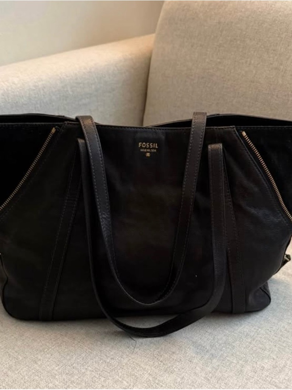 Fossil Black Leather Tote with Gold Logo